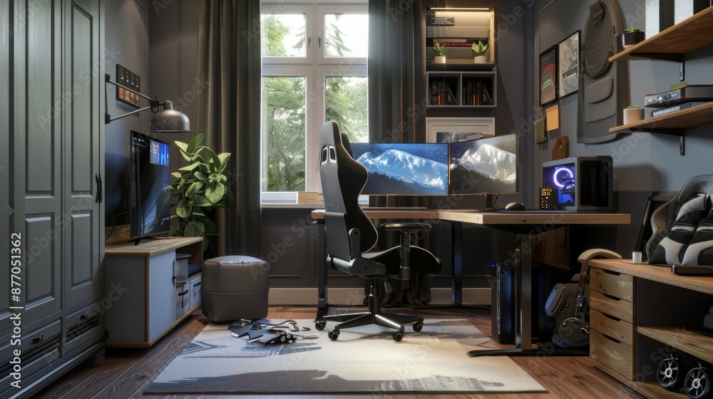Poster a modern home office with a gaming setup, featuring a desk with a computer and dual monitors, a gami