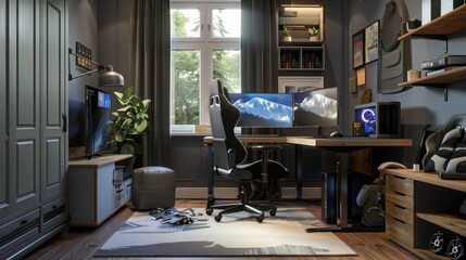 A modern home office with a gaming setup, featuring a desk with a computer and dual monitors, a gaming chair, and a large window.