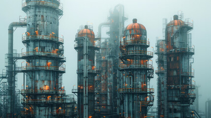 A large industrial plant with many tall pipes and a foggy sky in the background. The plant is old and rusty, giving it a sense of decay and abandonment