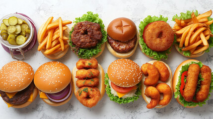 Various of american food, French fries, hamburgers, nuggets, hotdog, chips, , sauces , top view. 