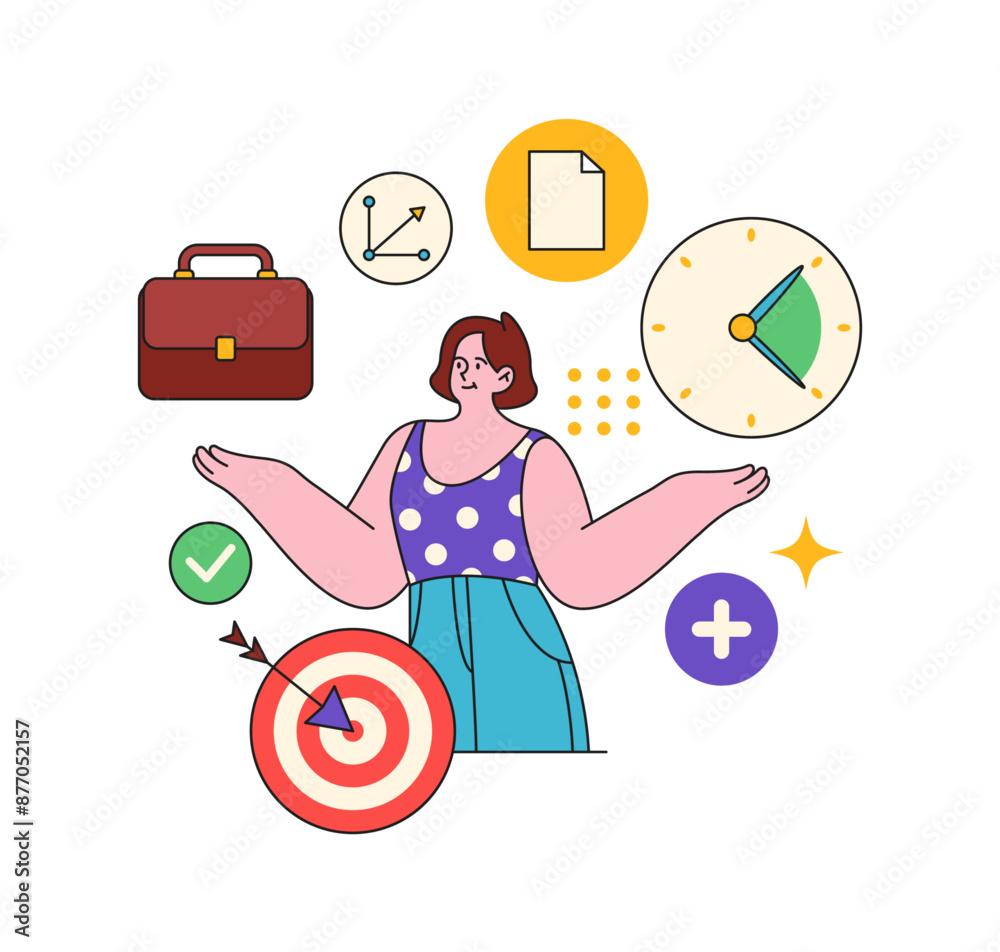 Aufkleber Work efficiency and productivity tools and instruments. Vector flat cartoon character with target and clock showing deadline, documentation or report and analysis or strategy plan