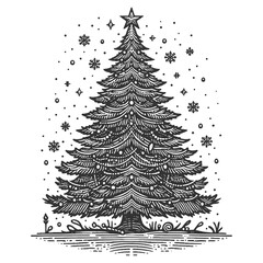 Obraz premium decorated Christmas tree with a star on top, surrounded by falling snowflakes, festive vintage feel sketch engraving generative ai raster illustration. Scratch board imitation. Black and white image.
