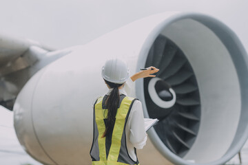 Technician fixing the engine of the airplane,Female aerospace engineering checking aircraft engines,Asian mechanic maintenance inspects plane engine © ARMMY PICCA