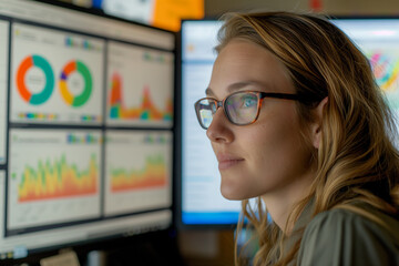 A young woman attentively analyzes financial data on multiple computer screens in a modern office at night.