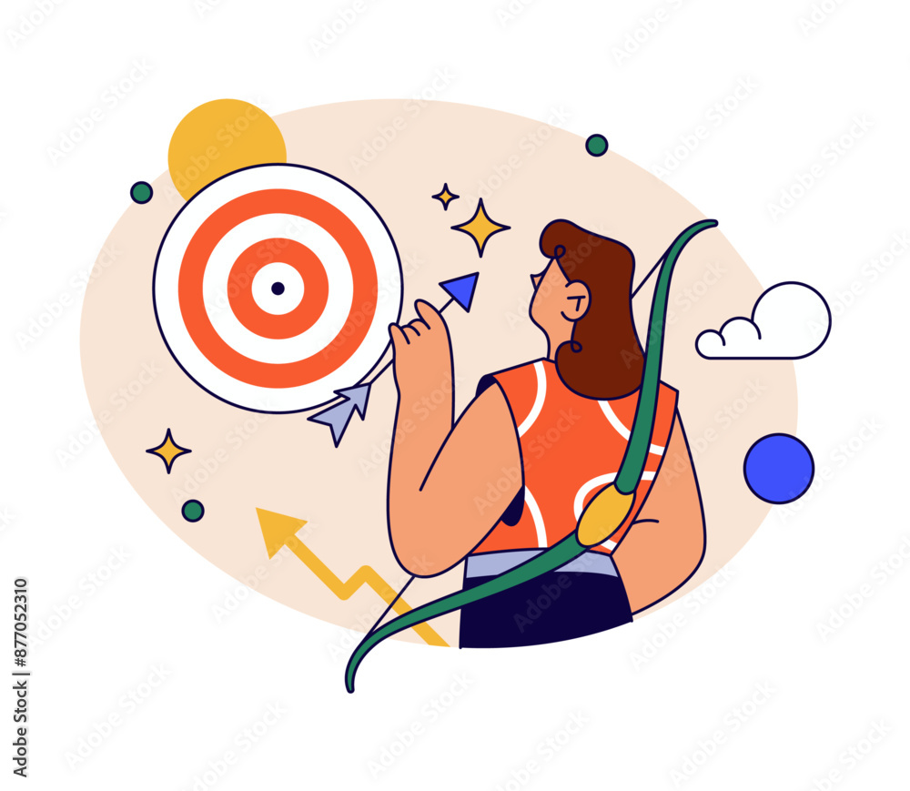 Poster hitting target audience by starting new business. vector flat cartoon character with arrows and bow,