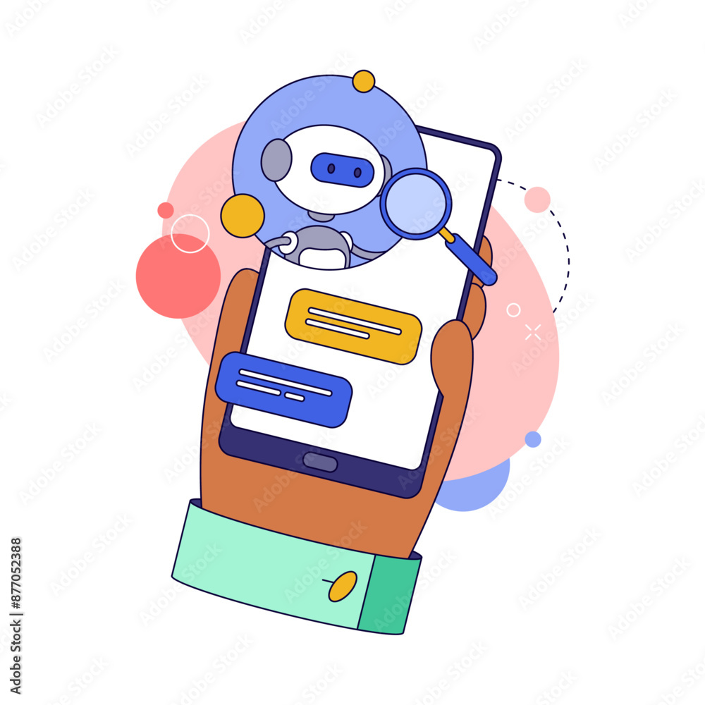 Poster Virtual assistant in smartphone, isolated screen with robot and conversation history. Vector flat artificial intelligence and application for users, online communication and help
