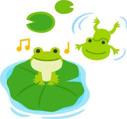 Obraz premium 葉の上で鳴くカエルと泳ぐカエル