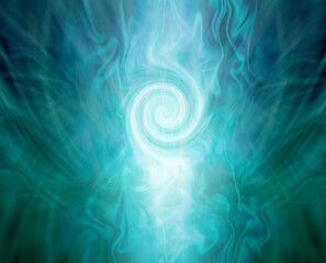 Spiraling Fibonacci energy field - turquoise blue green wispy radiating energy field with a double fibonacci spiral wisp of white light ideal for a spiritual healing background
