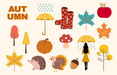 Autumn element object with tree,pumpkin,animal for party