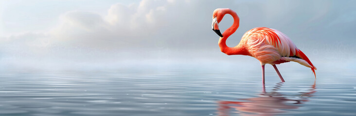 Elegant Flamingo Standing in Shallow Water Representing Balance and Beauty