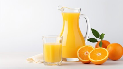 Fototapeta premium Jug of orange juice and orange fruits isolated on white