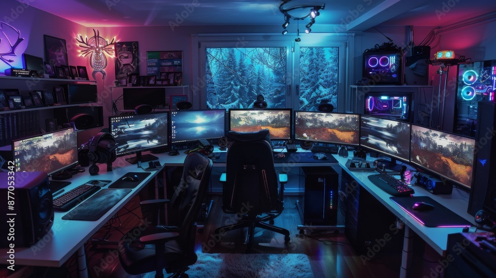 Poster a modern gaming setup with multiple monitors, a gaming chair, and a snowy forest view from the windo