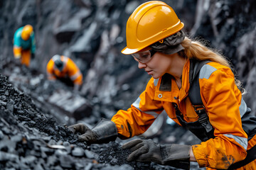 Female geologist in yellow hardhat and safety goggles at a mining site. Outdoor geology fieldwork concept