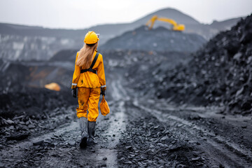 Woman in work gear resting at a mining site
