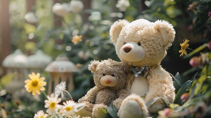 Teddy bear with little bear in outdoor garden