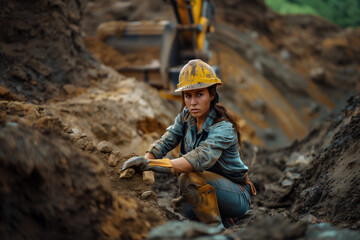 Female worker with gloves and safety equipment inspecting a mining site