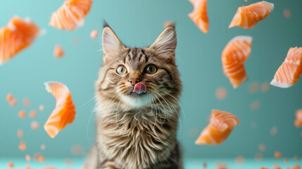 Cat with Salmon pieces, tuna pieces and avocado. colorful background.
