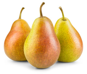 Pear isolated png. Three yellow pears with red side on transparent background. PNG format. Pear with no background. Full depth of field.