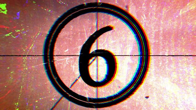 Countdown from 10 to 1 in retro style. Grunge effects of spots and scratches. Imitation of shimmering movie film.  Old vintage cinematic opener