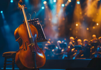 Fototapeta premium Collection of musical instruments, including double basses and guitars. Orchestra ready for performance on stage under dramatic lighting design