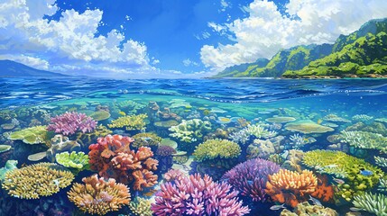 Beach scene with a vibrant coral reef visible through the clear shallow water perfect for snorkeling and exploring marine life