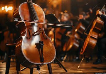 Collection of musical instruments, including double basses and guitars. Orchestra ready for performance on stage under dramatic lighting design