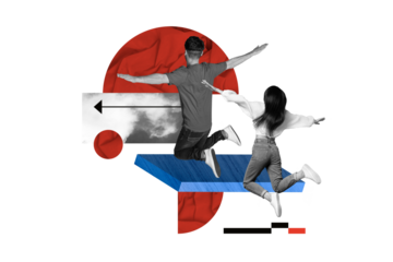 Creative template photo collage magazine of two youngsters girlfriend boyfriend jumping fly wings playing isolated on beige color background