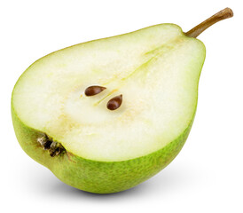 Pear half isolated png. Green pear half on transparent background. PNG format. Pear slice with no background. Full depth of field.