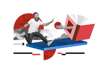 Image photo banner minimal collage of young active overjoyed man jumping enjoy reading stories books useful information isolated on beige background