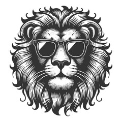 Obraz premium cool lion wearing sunglasses in a detailed engraving style, symbolizing hip and trendy sketch engraving generative ai raster illustration. Scratch board imitation. Black and white image.