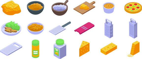 Grated cheese icons set. Set of icons showing different ways cheese is prepared, served, and used as an ingredient