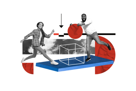 Illustration creative collage artwork couple coworkers together geometry cube stay platform put red round shape down isolated on beige background
