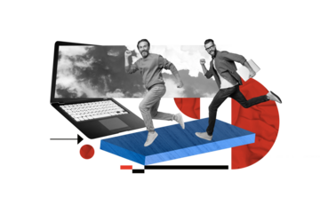 Artwork collage picture of two mini black white gamma people running big netbook screen clouds sky isolated on creative background