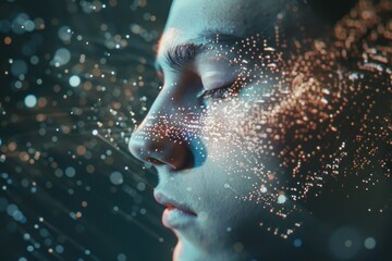 Obraz premium person face, eyes closed, abstract digital flying code near. Artificial intelligence or technological