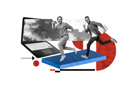 Artwork collage picture of two mini black white gamma people running big netbook screen clouds sky isolated on creative background