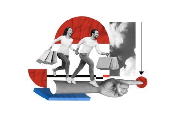 Creative collage portrait of two mini black white colors people hold bags run huge hand point finger isolated on drawing beige background