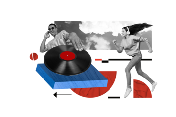 Artwork magazine collage picture of excited lady guy dj enjoying creating music isolated drawing background