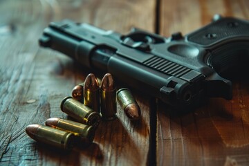 Obraz premium Gun and ammunition on wooden desk