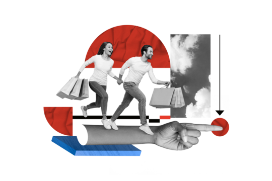 Creative collage portrait of two mini black white colors people hold bags run huge hand point finger isolated on drawing beige background - Powered by Adobe