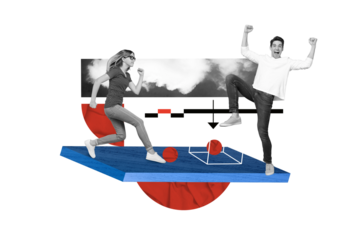 Creative retro 3d magazine collage image of lucky smiling lady guy celebrating achieving success isolated painting background