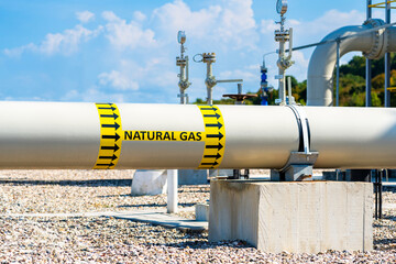 Natural gas pipeline with high pressure on compressor station. Concept of energy transportation infrastructure