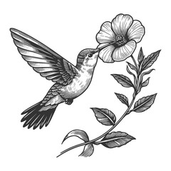hummingbird hovering near a flower, capturing a delicate and natural scene sketch engraving generative ai raster illustration. Scratch board imitation. Black and white image.