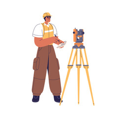 Surveyor with theodolite on tripod. Surveying engineer, topography measurement and geodesy work. Professional with measuring equipment, tool. Flat vector illustration isolated on white background