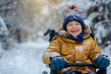 Joyful Journey, Candid Outdoor Portrait of a Happy Disabled Boy in a Wheelchair During winter