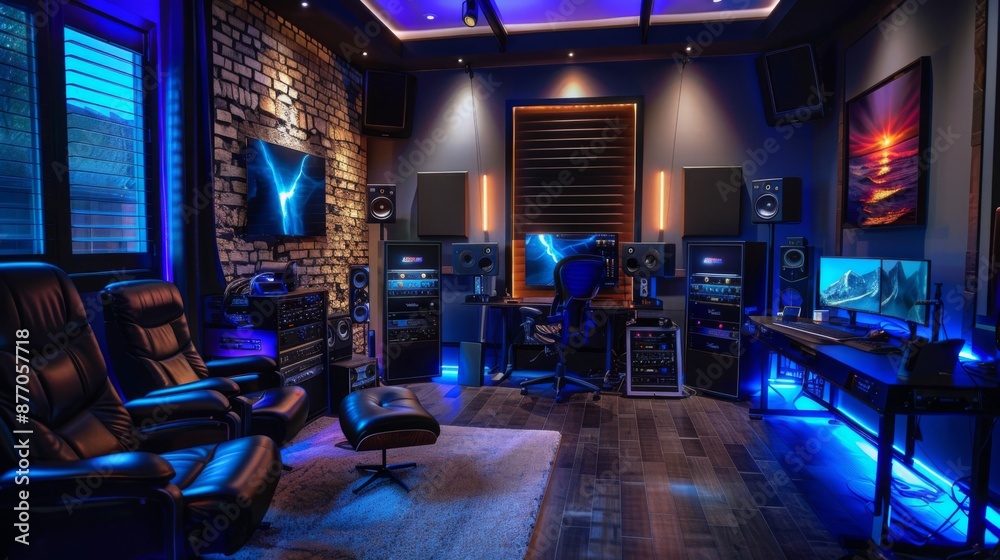 Poster a modern home studio with sleek black recliners, a large desk with multiple monitors, and a variety 