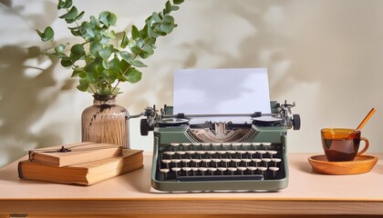 A desk with a blank white paper sheet and a vintage typewriter, evoking nostalgia.