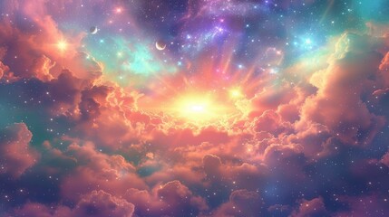 Fototapeta premium An ethereal view of a bright sunrise amid vividly colorful clouds in the cosmos, creating a serene and captivating scene that embodies the beauty of the celestial world.