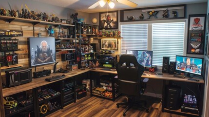 A modern gaming setup with a large wooden desk, two monitors, a comfortable gaming chair, and shelves filled with collectibles.