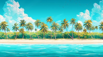 Obraz premium Tranquil beach with turquoise waters and a line of palm trees swaying gently in the breeze