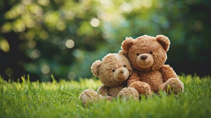 Two cute teddy bear toys hugging together on green grass in summer